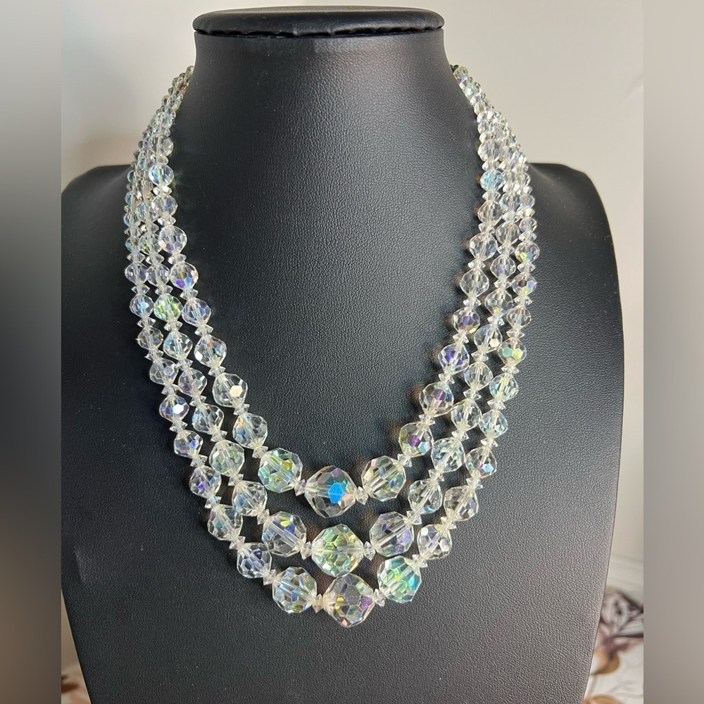 Vintage Triple Stranded Aurora Borealis Glass Bead Necklace 20.5” D15